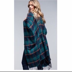 Ruana Teal Plaid Fringe Poncho New with Rags Tartan